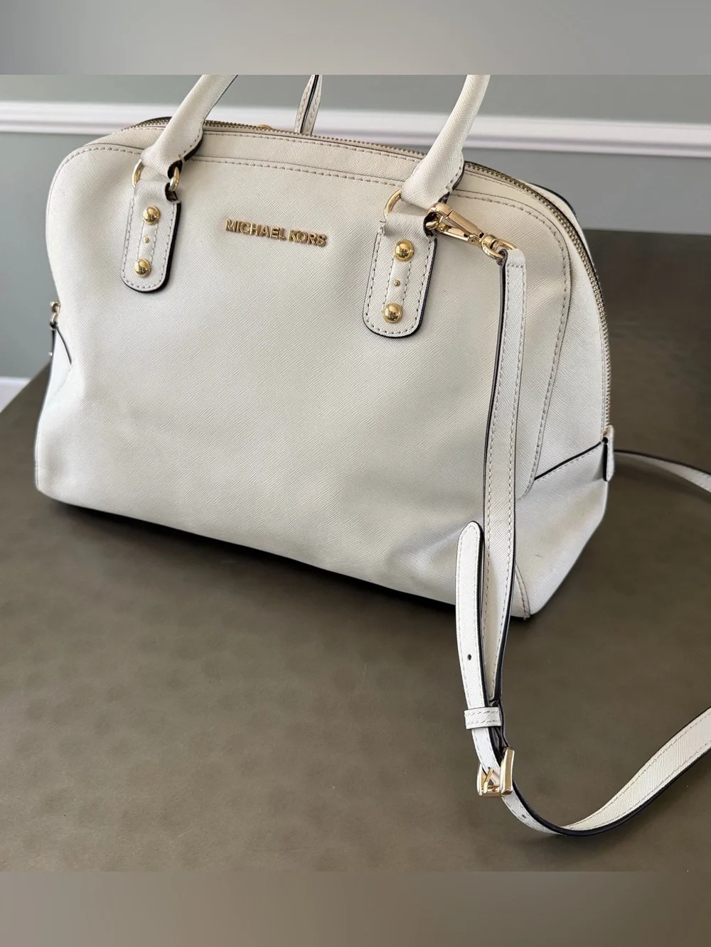 Michael Kors Cream Dome Satchel with Gold Hardware, Zip closure, Removable Strap